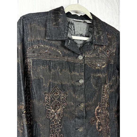 Vintage Chico's Embroidered Denim Jacket M Copper Beaded Y2K Boho Western - Picture 5 of 11